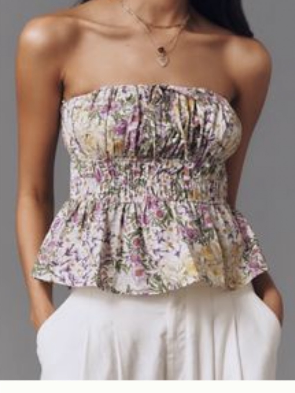Floral Smocked Strapless Peplum Top - White/Purple